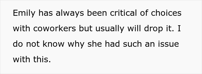 Text about critical coworker Emily sharing opinions at the office.
