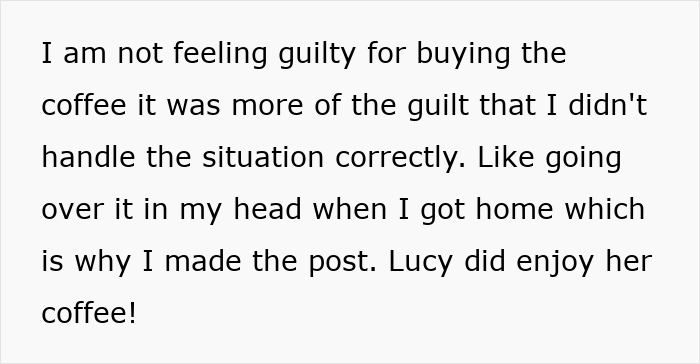 Text discussing feeling guilty after buying coffee for a pregnant coworker, and reflecting on handling the situation.