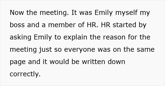 Text from a meeting with HR discussing workplace issues involving a coworker.