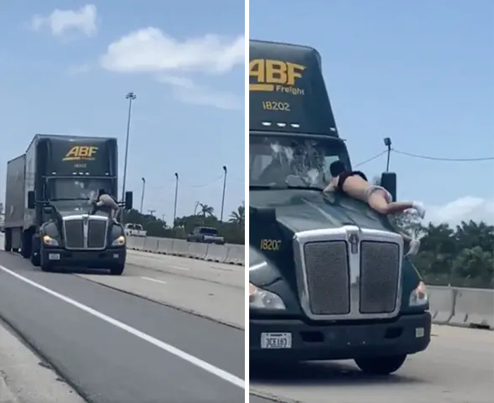 Person clinging to the hood of a moving truck on a Florida highway, illustrating a wild moment.