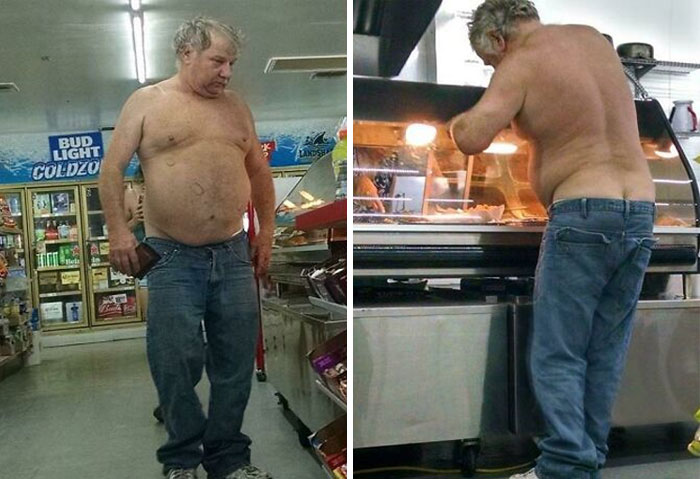 Shirtless man in Florida store examines deli counter, surrounded by snacks and beverages.