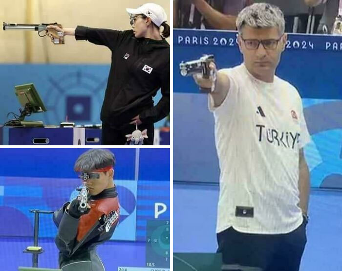 People spotted as "Final Boss" in real life, wearing shooting gear and aiming pistols in a competitive event.