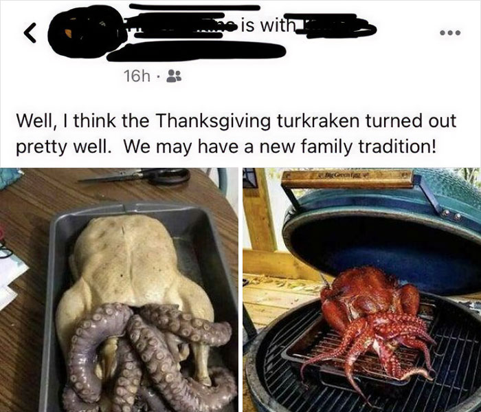 A turkey with octopus legs, a "final boss" dish, presented for Thanksgiving as a new family tradition.
