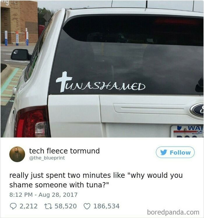 Sticker on car says "UNASHAMED" with a cross, misread as "TUNASHAMED," a design fail humorously noted in a tweet below.