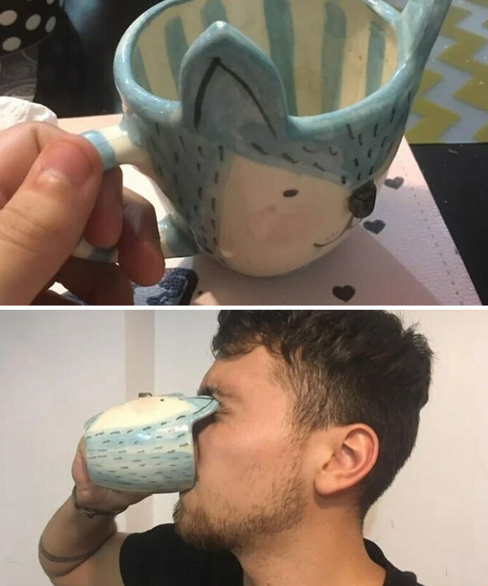 Person struggling to drink from a hedgehog-shaped mug due to poor design, illustrating a design fail.