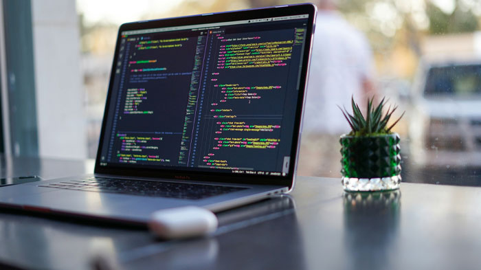Laptop displaying code on a desk next to a small plant, representing funny email sign-offs to replace common phrases.