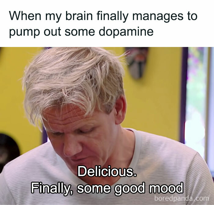 Man reacts humorously to dopamine meme, feeling satisfied.