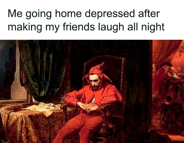 Man in jester costume sitting sadly in a chair, reflecting on emotions, meme related to dopamine and brain boost.