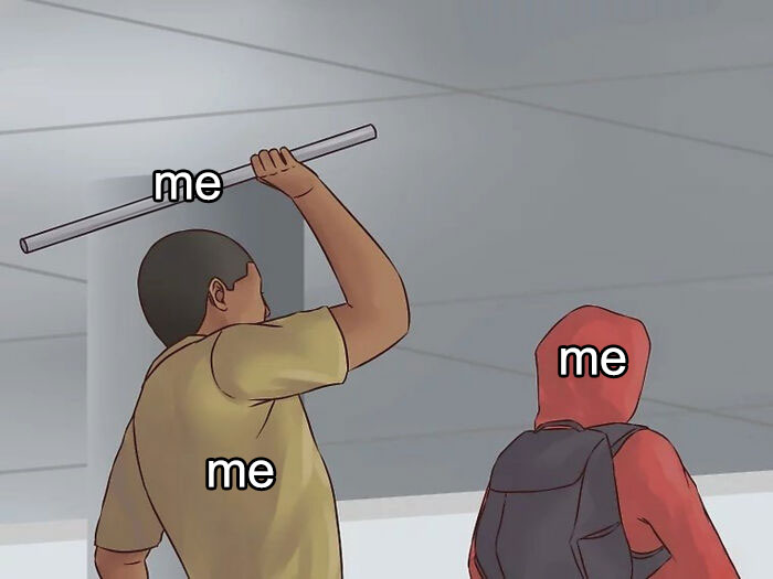Two characters labeled "me," one holding a pole, representing an existential meme scenario.