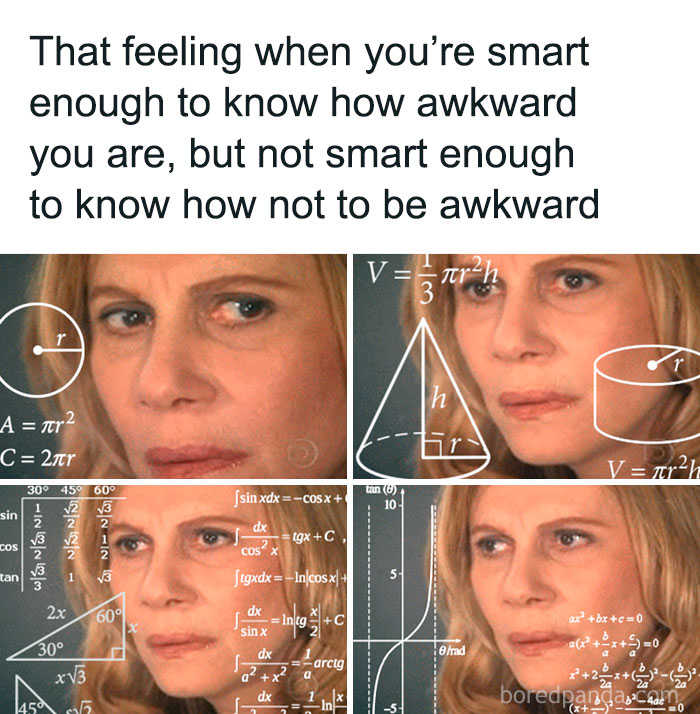 Woman trying to understand awkwardness with math formulas overlayed, a dopamine-boosting random meme about brain humor.
