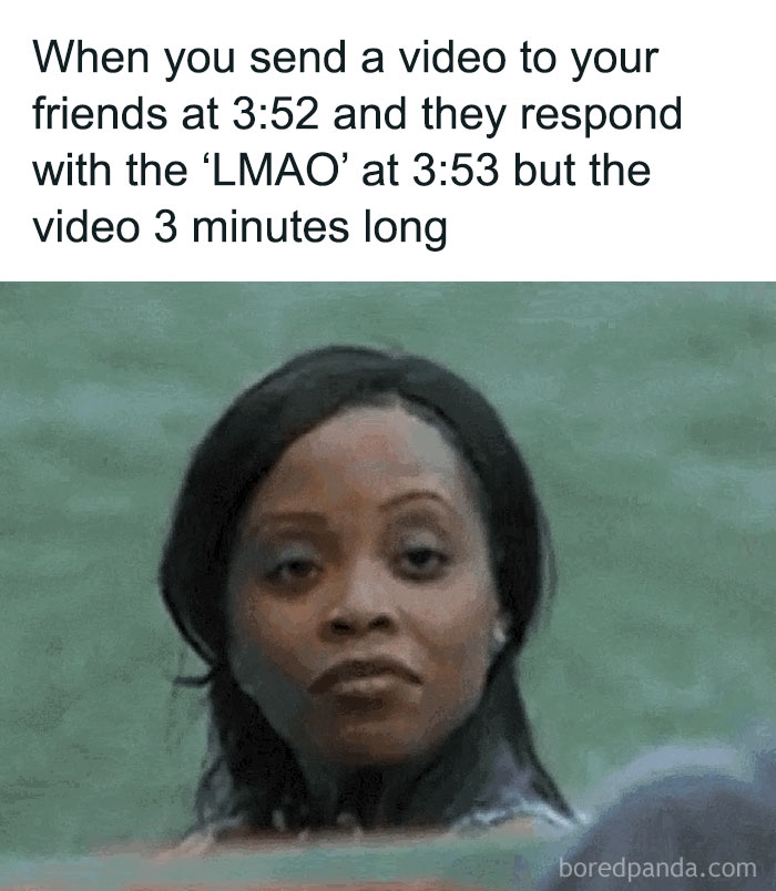 Woman looking surprised, representing existential memes about friends responding to a video awkwardly early.