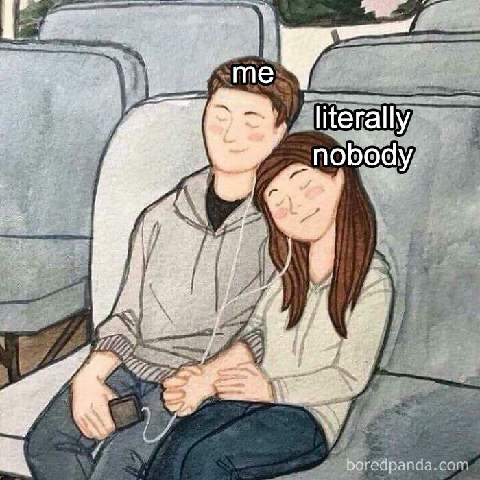 Illustration of two people labeled "me" and "literally nobody" with existential meme theme.