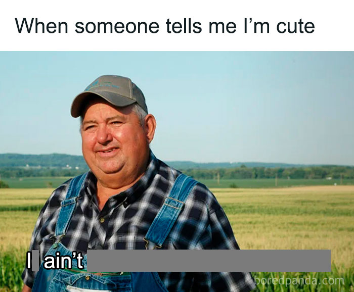 Farmer in a field wearing overalls and a hat, with text referencing existential memes and humor.