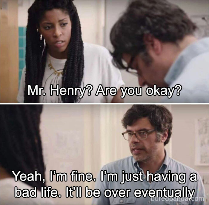 Scene from a meme showing a concerned woman asking a man if he's okay, reflecting random memes for dopamine boost.