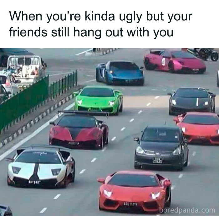 Existential meme with luxury cars surrounding a regular car, captioned about friendship despite appearance.