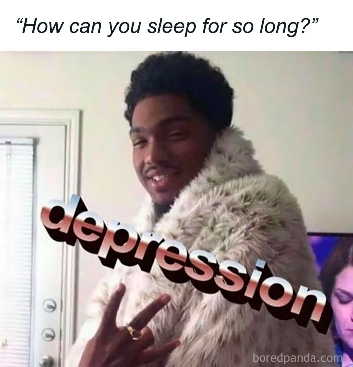 Man in a fur coat making a hand gesture with the word depression overlaid, a meme to boost dopamine through random humor.