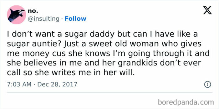 Meme humor for women about wanting a supportive "sugar auntie" instead of a sugar daddy.