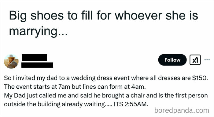 Humor meme post for women about a dad waiting early for a wedding dress sale event.