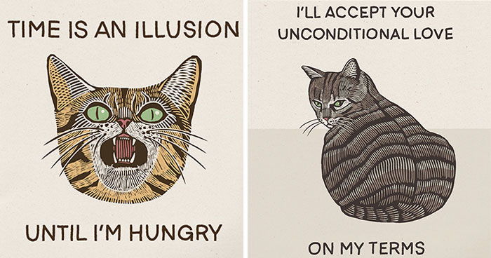 40 Hilariously Relatable Illustrations Of Cats Drawn In A Vintage Poster Style By Jesse Jarldane