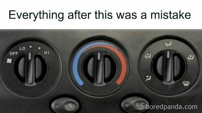 Car dashboard knobs meme highlighting men's humor in everyday mistakes.
