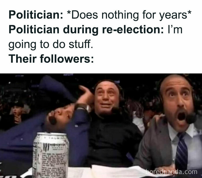 Men's humor meme about politicians with excited commentators reacting at a sports event.