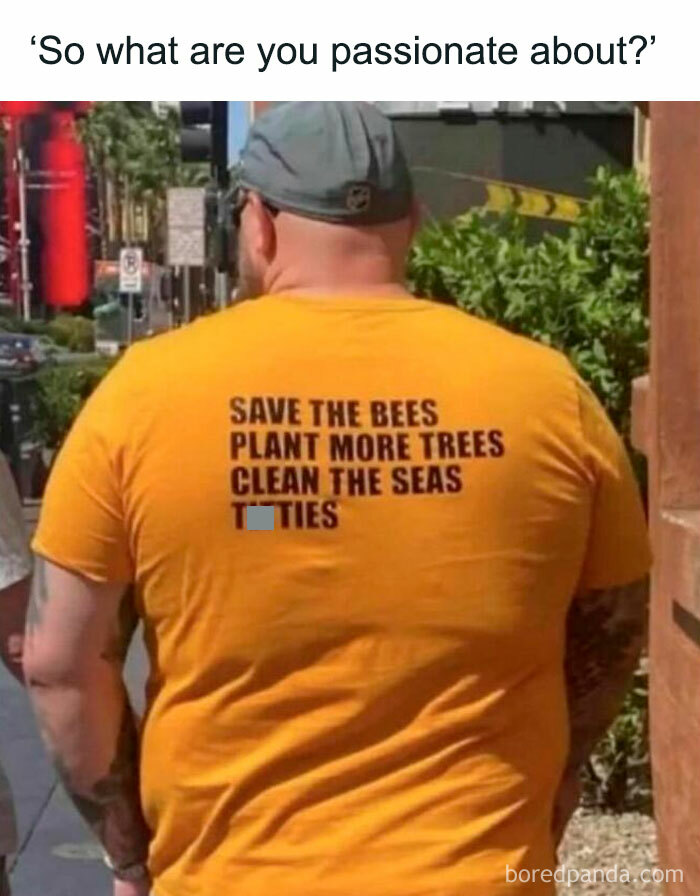 Man in yellow shirt with humorous list of passions, relating to men's humor.