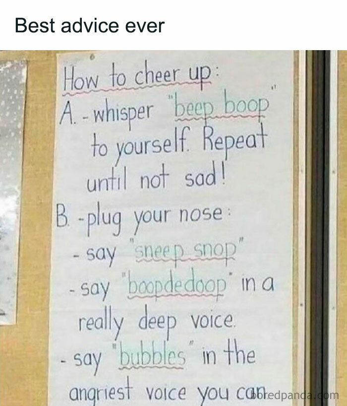 Humorous poster with tips to cheer up; features phrases like "beep boop" and "bubbles," reflecting funny men’s humor.