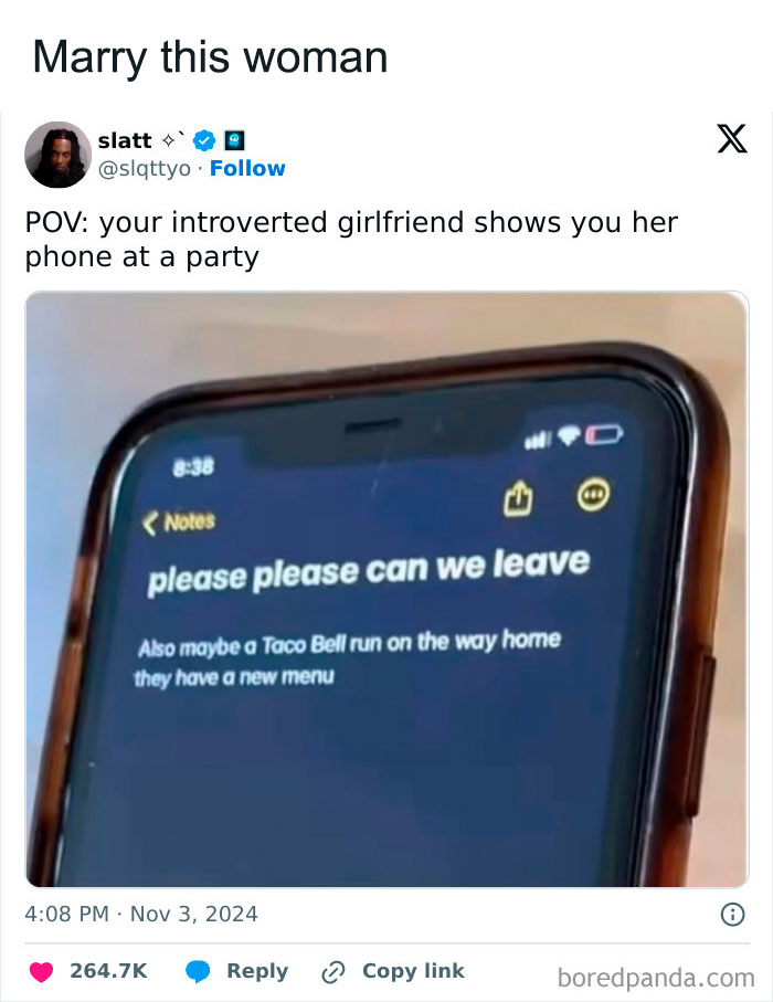 Funny men's humor meme showing a phone note asking to leave a party and get Taco Bell.