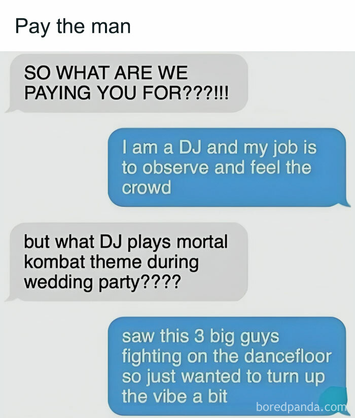 Text conversation meme about a DJ playing Mortal Kombat theme at a wedding, highlighting men's humor.