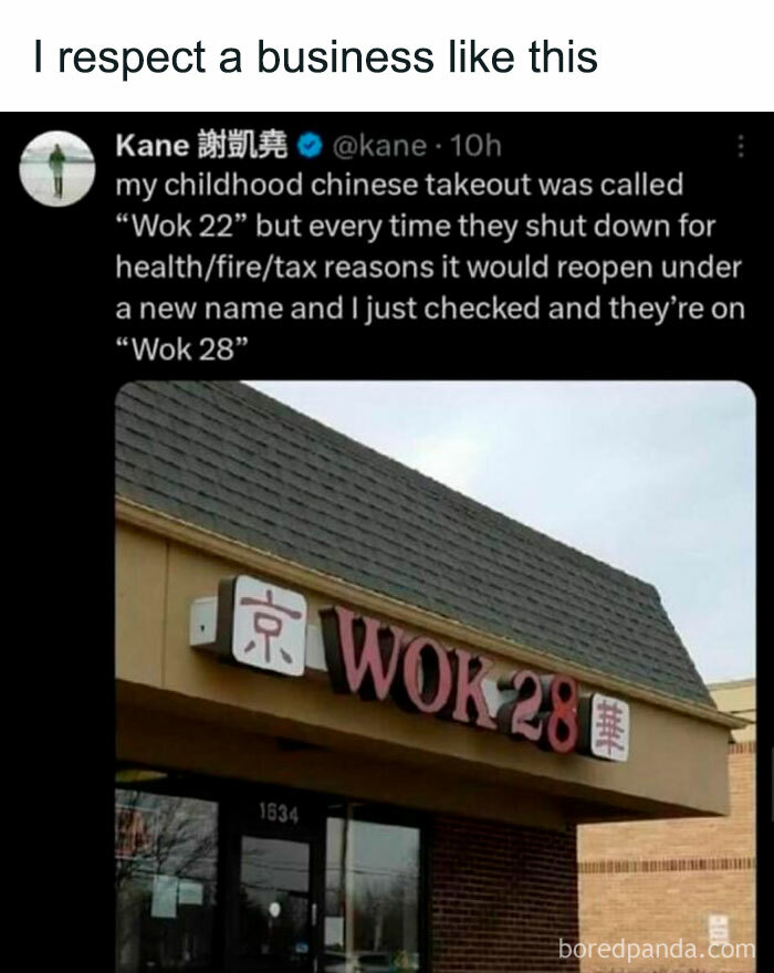 Funny men's humor meme about a Chinese takeout sign changing from Wok 22 to Wok 28 due to various shutdowns.