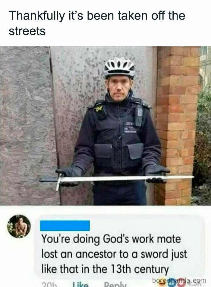 Police officer humorously holding a large sword with a Facebook comment below about the 13th century, celebrating men's humor.