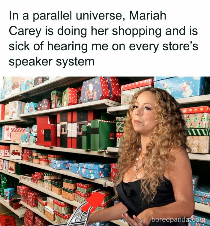 Mariah Carey pushing a shopping cart in a store, illustrating a funny men's humor meme.