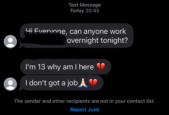 Text exchange showing a funny message sent to the wrong recipient, involving a job request and humorous replies.