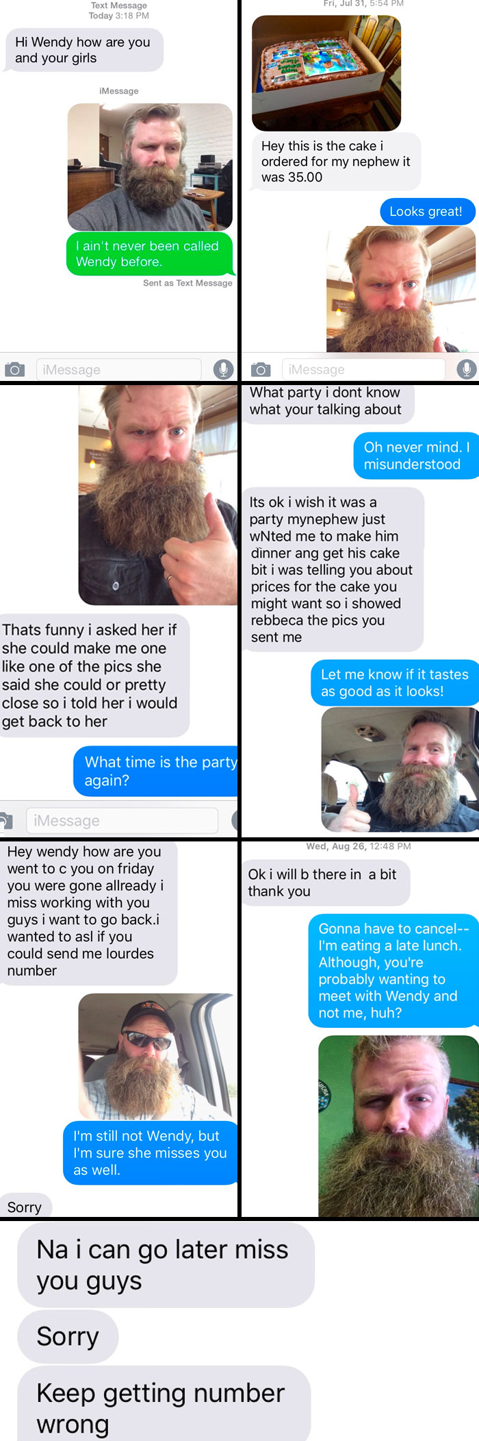Bearded man receiving amusing wrong recipient text messages.
