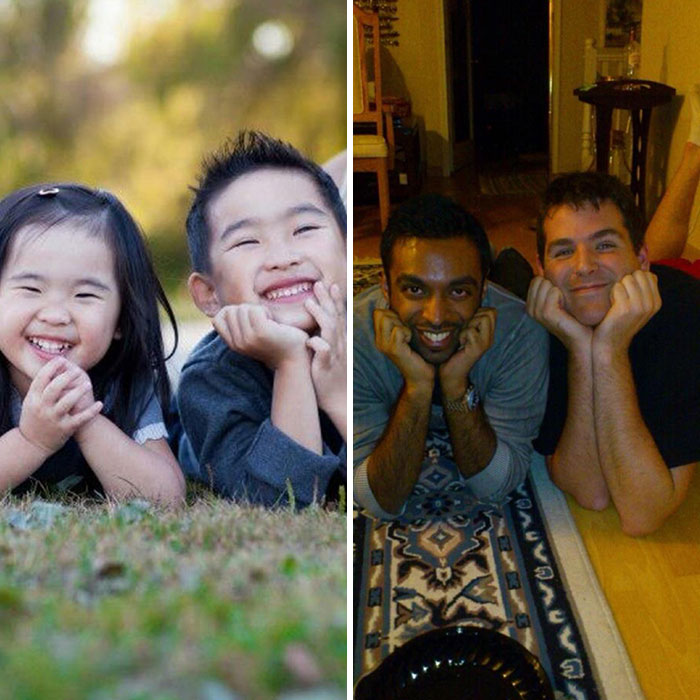 Adults and children recreate a funny pose, similar to sending funny messages to the wrong recipient.