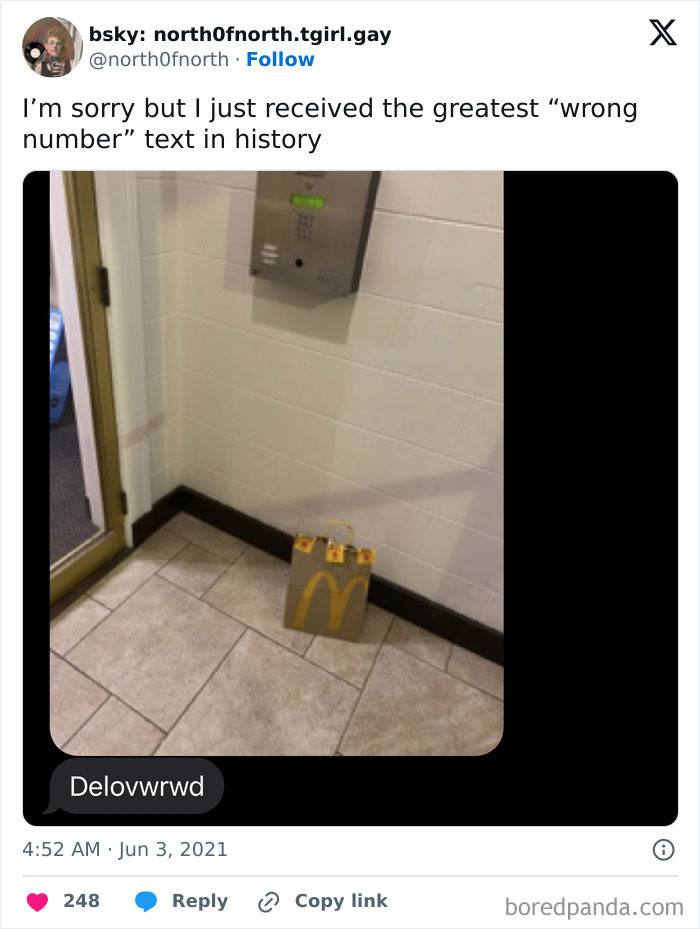 Message about food delivery mix-up, humorous wrong recipient scenario.