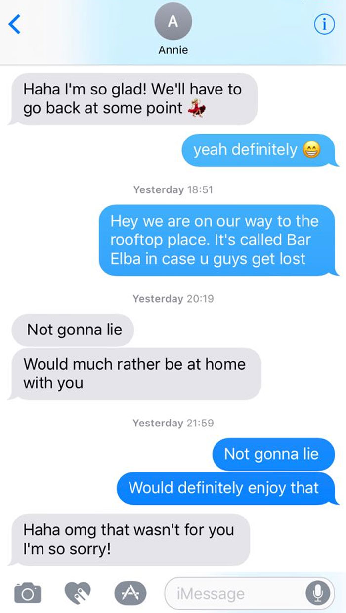 Text conversation shows a funny message sent to the wrong recipient with apologetic reply.