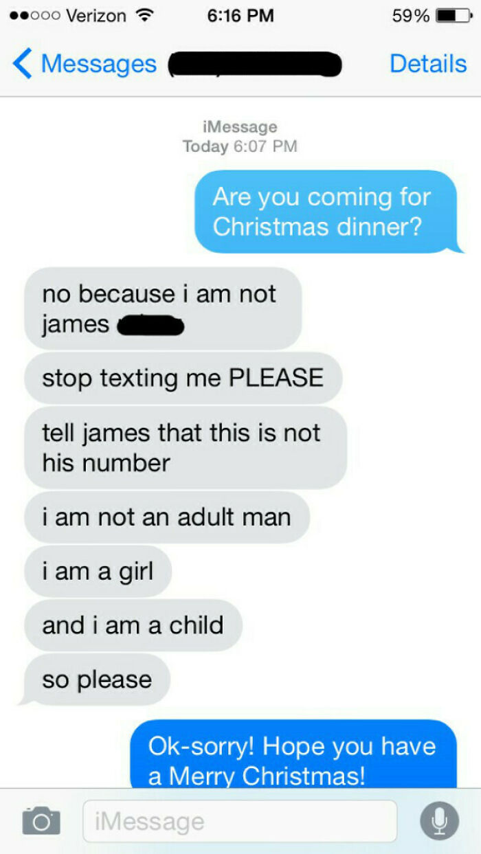 Text exchange with a wrong recipient, highlighting funny confusion about a Christmas dinner invite.