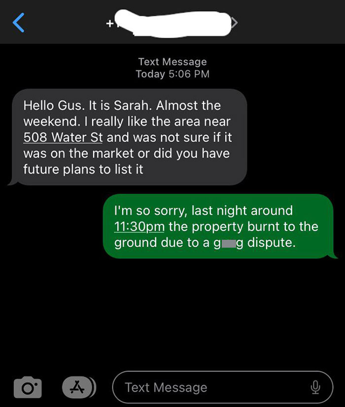 Text exchange humorously highlights a wrong recipient: real estate inquiry met with unexpected news.