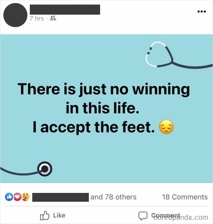 Text post with a spelling mistake saying "I accept the feet" causing grammar cringe.