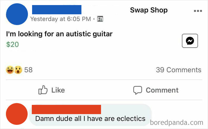 Social media post with ridiculous spelling errors; "autistic guitar" and "eclectics" instead of electric guitar.
