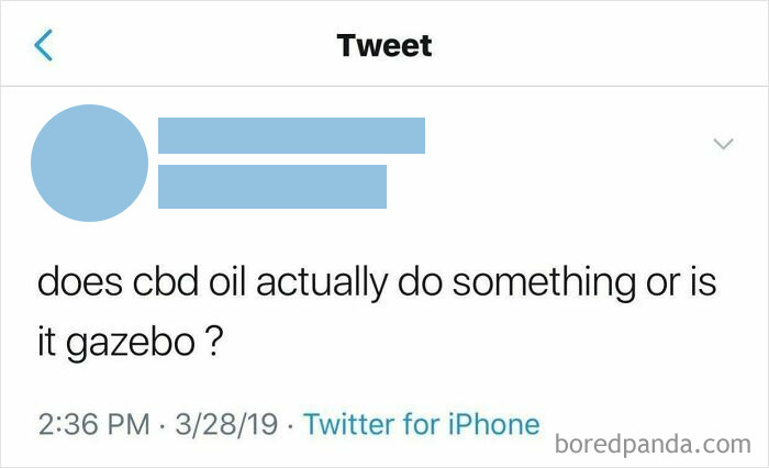 Tweet with a spelling error, asking if CBD oil does something or if it's "gazebo."