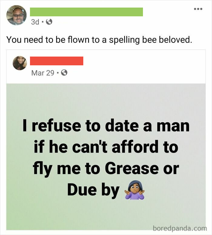 Text post with spelling errors: "Grease" instead of "Greece" and "Due by" instead of "Dubai," highlighting ridiculous word spellings.