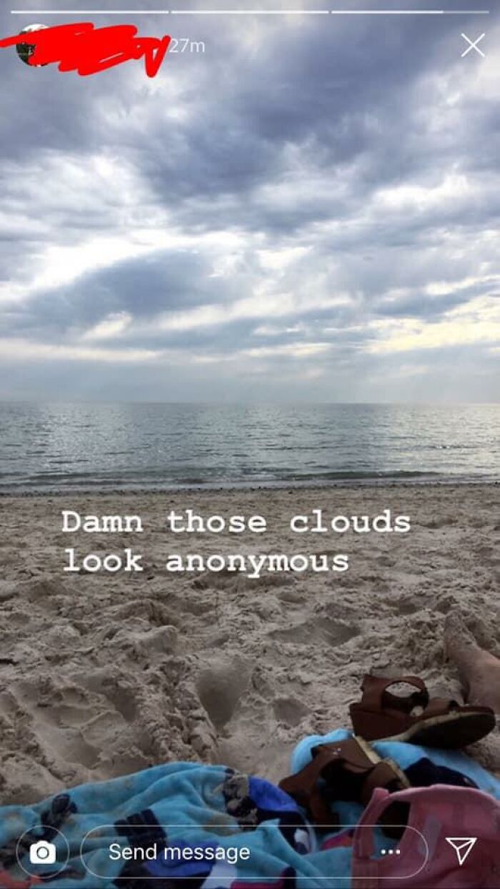 Beach scene with shoes on a towel, cloudy sky, and humorous text highlighting ridiculous word spellings.