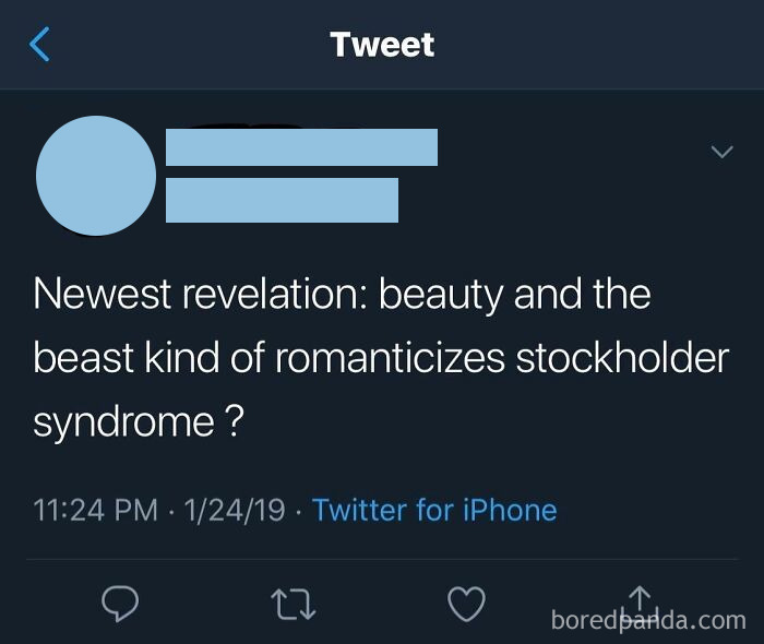 Tweet with a ridiculous spelling mistake, saying "beauty and the beast kind of romanticizes stockholder syndrome?"