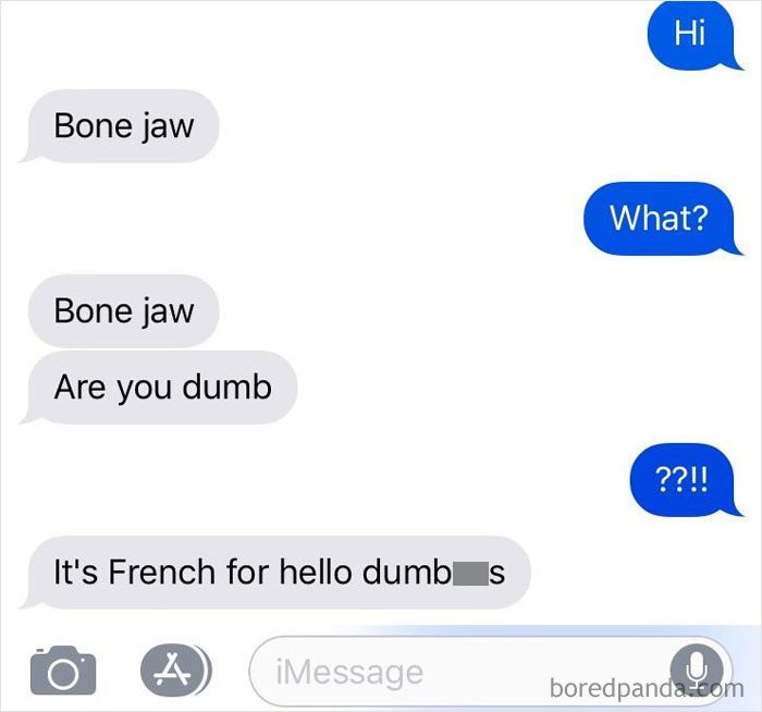 Text exchange humorously misspelling "bonjour" as "bone jaw," showcasing ridiculous word spellings.