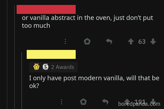 Ridiculous word spellings with humorous mentions of "vanilla abstract" and "post modern vanilla."