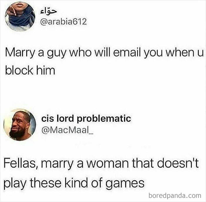 Two tweets humorously discuss relationship advice with a random meme format.