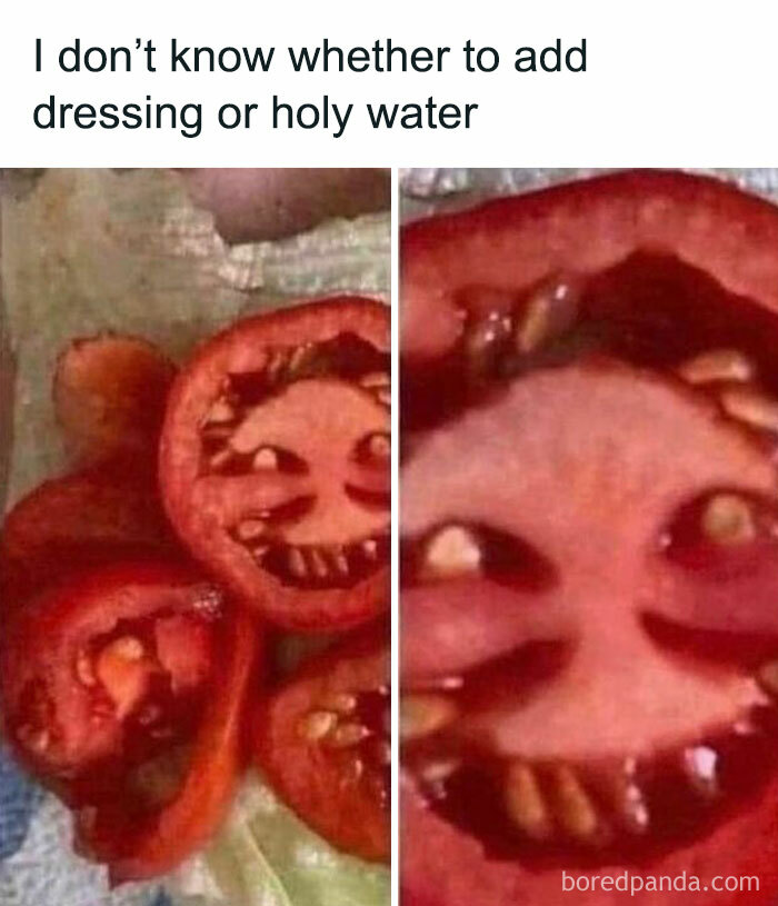 Sliced tomato resembling a face, capturing a funny meme moment.