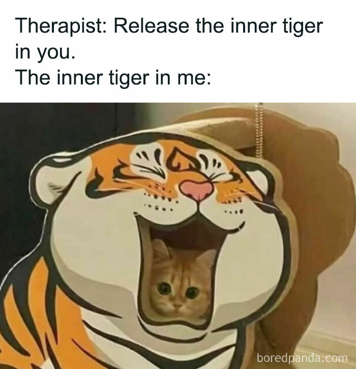 Cat peering through a tiger cutout, humorously illustrating the meme concept of inner strength.